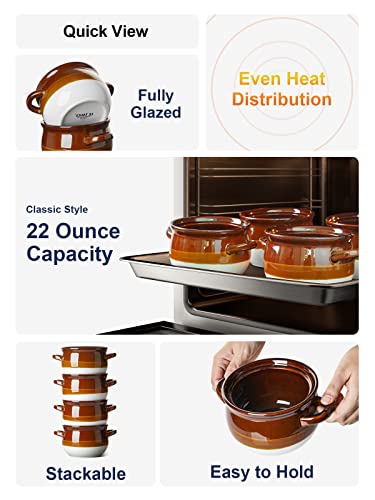 LE TAUCI Ceramic French Onion Soup Bowls with Handles, 22 OZ, Set of 4 - size: 22 OZ