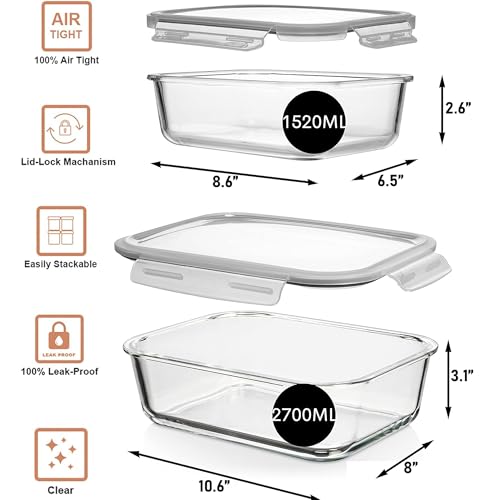 Razab 4 Pc (2700ML/ 91 Oz & 1520ML/ 51 Oz) Airtight Large Glass Food Storage Containers with Lids - BPA Free, Leak Proof Meal Prep Containers (2 Containers + 2 Lids) Microwave, Oven & Freezer Safe
