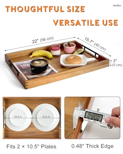 22" x 15.75" Wooden Serving Tray with Handles, Acacia Ottoman Tray - color: Acacia