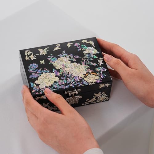 February Mountain Elegant Mother of Pearl Jewelry Organizer Box with Mirror Lid - Gifts for women birthday unique Anniversary Christams and Special Occasions - style: Peony Flowers