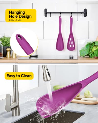 BUNDLEPRO Silicone Cooking Spoons for Nonstick Cookware, One-Piece, 2 Pack - color: Purple