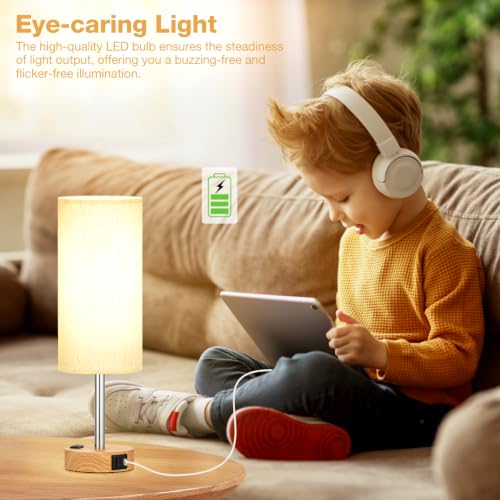 Fenmzee Bedside Table Lamp for Bedroom - Dimmable Touch, USB A+C, AC Outlet - color: Cream Shade-Wood Base, size: 14"