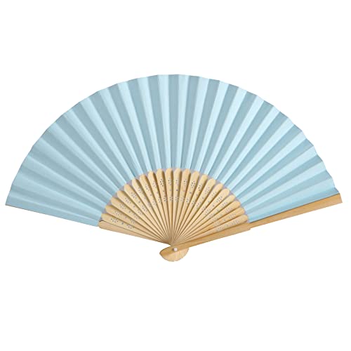 50pcs Paper Hand Fan with Organza Bags Bamboo Handheld Folding Fan DIY Decorative Wedding Party Favors (Light Blue) - color: Light Blue
