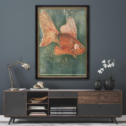 MUDECOR Premium Framed Wall Art Vintage Goldfish Illustration on Teal Background Illustrations Impressionism Scenic Colorful for Living Room, Bedroom, Office - 26"x36" Black - color: A07-2308-na36, size: 36"L x 26"W, style: Black Frame