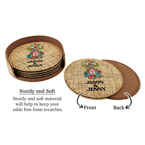 Smile Art Design Couple Names CUSTOM COASTER Set of 6 with base Round Burlap Material Home Design Personalized Prints Personalized Gifts House warming Wedding Christmas Gift Rustic Decor Style10 - color: Style 10, size: Set of 6 - Round Coaster
