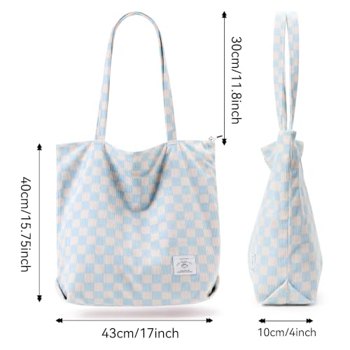 KALIDI Women Corduroy Tote Bag Zipper Casual Tote's Handbag Big Capacity Shoulder Bag with Pockets - color: Checkerboard Blue
