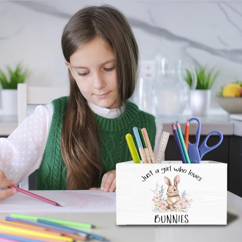 Floral Bunny Pen Holder for Desk, Rabbit Bunny Lovers Gifts Pencil Organizer, Just a Girl Who Loves Bunnies Wooden Box Sign Desk Decor for Home Office Decoration - color: BUNNY