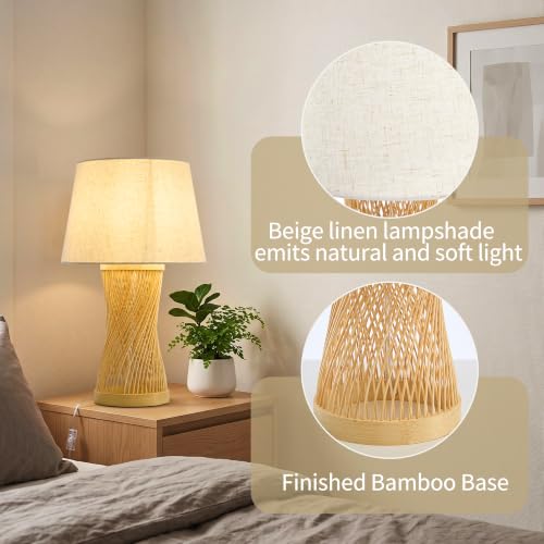 Boho Table Lamp, 17" Bamboo Bedside Lamp for Living Room