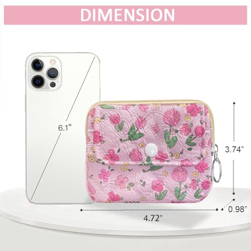 Cute Prints Cotton Quilted Coin Purse for Women Girls - color: PINK TULIP