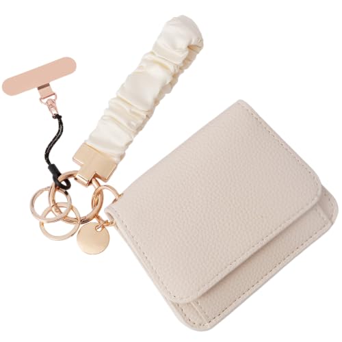 Scrunchie Wristlet Keychain Gift Set for Women with Small RFID Wallet Keychain, Stretchy Key chain with Phone Tether Tab - color: Pearl White