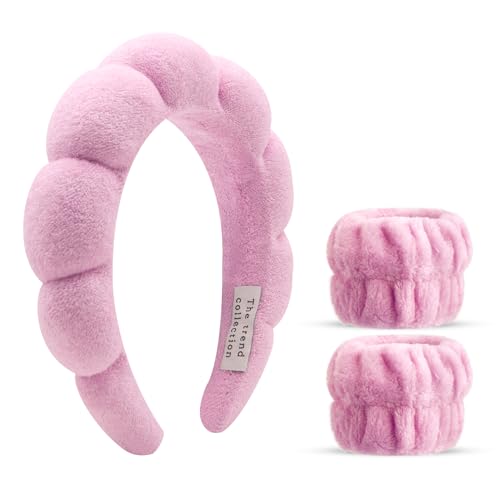 10 Pack Spa Headband and Wristband for Washing Face, Makeup and Skincare. Puffy Terry Cloth, Non Slip Get Ready Hairband for Women, Teens, Girls. Cute Hair Accessories. (Pink) - color: Pink