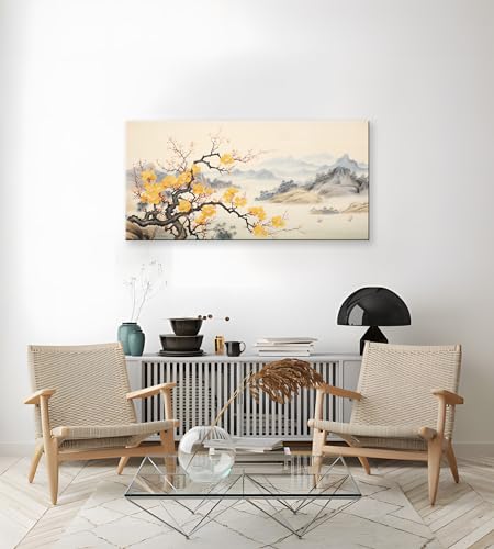 NAN Wind Asian Wall Art Traditional Chinese Painting Oriental Yellow Plum Blossom Canvas Pictures for Wall Decor Home decor for Living Room Cherry Blossom Decor Landscape Artwork Framed Ready to Hang - color: Yellow Blossom-One Piece, size: 16"L x 8"W