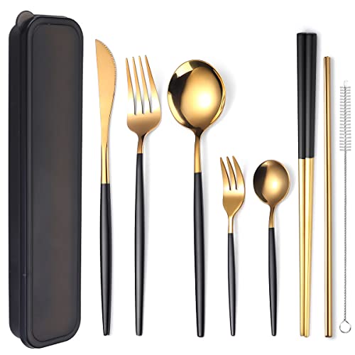 AARAINBOW 8 Pieces Stainless Steel Flatware Set Portable Reusable Cutlery Set Travel Utensils Set Including Chopsticks Knife Fork Spoon Straws Cleaning Brush Dishwasher Safe (Black Golden) - color: Black Golden