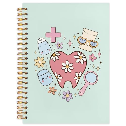 WUCHJ Dental Gifts Notebook, Green Dental Hygienist Assistant Journal, Retro Pink Floral Tooth Spiral Notebook Journal for Note Taking, Dentist Office Supplies, 5.5x8.3 Inch - color: green teeth hearts