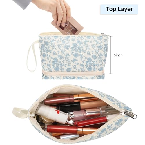 Small Makeup Bag 2 Layers Travel Cosmetic Bag with Makeup Brush Compartment - color: 02-blue flower