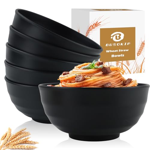 60oz Wheat Straw Bowls, Large Salad Bowls Set of 6 (Black) - color: Black, size: 60 Oz