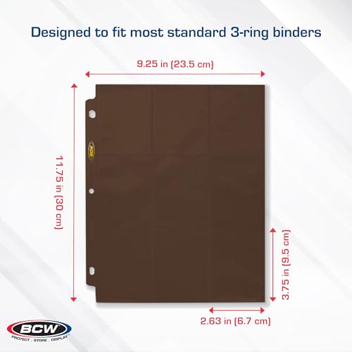 BCW Double-Sided 9-Pocket Pages Holder - 10 Brown Pages | Trading Card Binder Sheets | Secure Side Loading | Ideal Card Storage and Display Solution - color: Brown