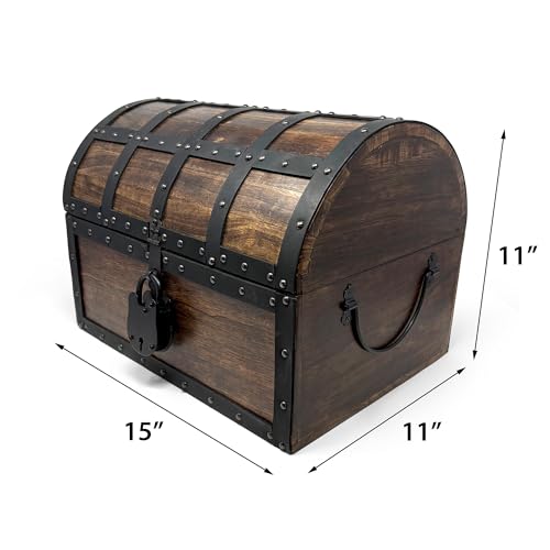 Nautical Cove Handmade Wooden Treasure Chest Storage Box – Deluxe Design with Real Leather Accents, Working Iron Lock & Skeleton Keys, Decorative Keepsake Chest (X-Large - 15 × 11 × 11") - size: X-Large - 15 × 11 × 11 in