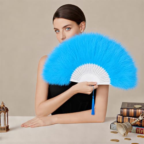 BABEYOND 1920s Marabou Feather Folding Hand Fan - color: Lightblue