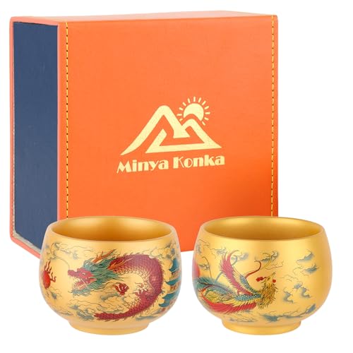 Minya Konka Dragon Phoenix Ceramic Tea Cups Pair - Hand-Painted Chinese Kung Fu Teacups Gift Set with Gold Glaze & Luxury Box, 6oz Wedding Anniversary Birthday Gift