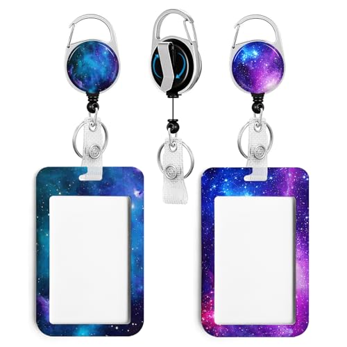 2 Pack Purple Starry Sky ID Badge Holder with Clip Badge Reels - color: 2 Pack-purple Starry Sky