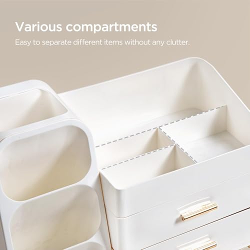 HBlife Desk Organizer with Pen Pencil Holder for Desk, Pen Organizer with 2 Drawers, Desk Organizers and Accessories with 4 Compartments, Desktop Storage for Office Home School Art Supplies, All White - color: All White