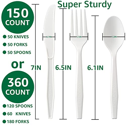 100% Compostable No Plastic Utensils - Heavy Duty Eco-Friendly Flatware for Lounge, Party, Wedding, BBQ, Picnic, Camping [Utensils Set, 360 Count] - size: Utensils Set 6.1-7IN