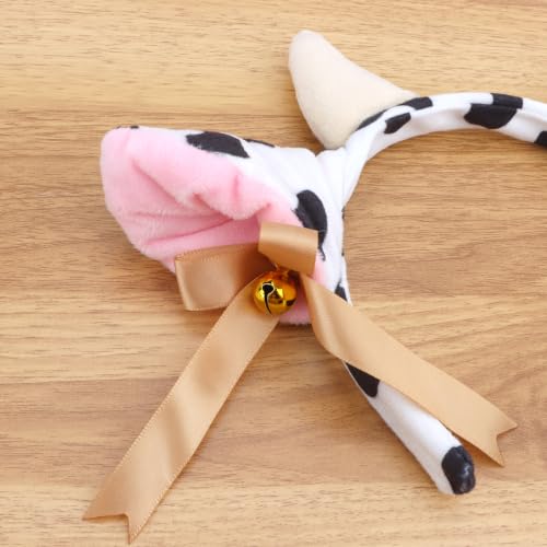 Cow Ears Cow Headband with Golden Bells Ribbon Bows Horns - color: Cow
