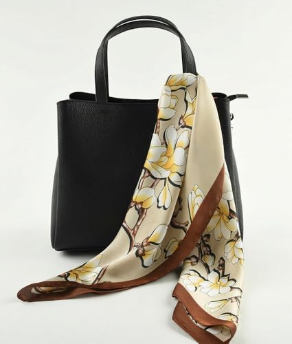 corciova Women’s Square Scarf 27.5 in (70 x 70 cm), Satin-Feel Polyester, Lightweight Fashion Scarf for Hair, Neck and Bag - color: Floral Magnolia (Beige / Brown Floral)