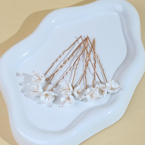 Handmade Pearl Bridal Wedding Hair Pins 6Pcs White Ceramic Flowers Gold Leaf Pearls Clips Wedding Hair Accessories for Women Brides Bridesmaid (Set-D-Gold) - color: Set-D-Gold