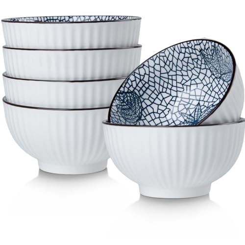 10 oz Small Ceramic Bowls Set of 6, 4.5 Inch Japanese Blue and White Bowls for Ice Cream, Rice, Dessert, Snack, Dipping, Microwave and Dishwasher Safe - Leaf Pattern - size: Leaf Pattern