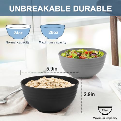 Wheat Straw Bowls Sets of 6, 26oz Plastic Bowl Reusable, Unbreakable Cereal Bowl, Microwave and Dishwasher Safe Soup Bowls for Kitchen, Camping, RV, Party - BlackBeige - color: Blackbeige, size: 26 oz