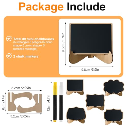 Mini Chalkboard Signs for Food Labels- 30 Pack Small Wooden Framed Blackboard for Wedding Table, 5 Assorted Shapes for Party Buffet Decor, Food Place Cards or Dessert Table Display Set - style: 5 shape
