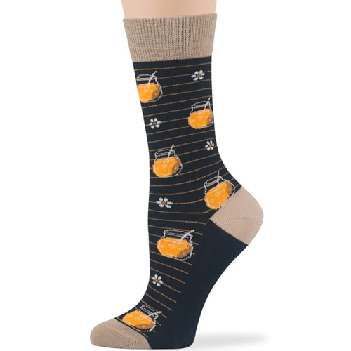 7BIGSTARS Women Cotton Crew Socks, Patterned 4 Pack, M 5-9 - L 8-12 - color: 11 - Black, Beige, Light Beige, Orange (A50), size: 5-9