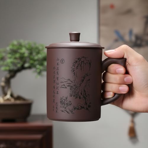 I-MART Chinese Tea Cup Purple Clay Mug with Lid 16 oz Yixing Style Kung Fu Teacup for Loose Leaf Tea Coffee Daily Use with Ergonomic Handle and Traditional Design