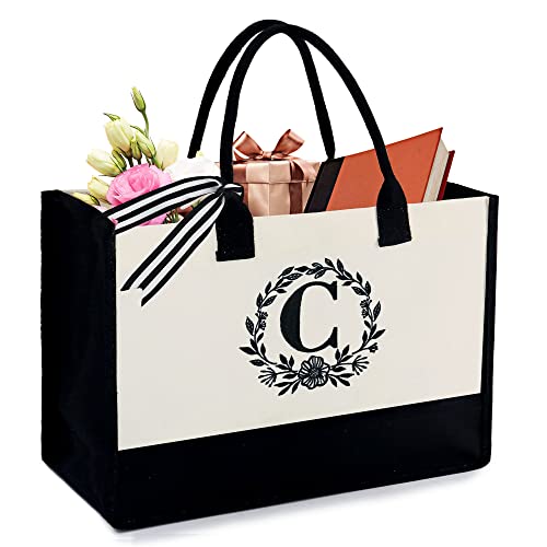 BeeGreen Embroidery Monogram Initial Tote Bag for Women Teacher Mom Friend Personalized Gift for Birthday Beach Work Wedding - color: Black With Natural, style: C