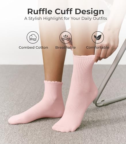 CS CELERSPORT Women's Mini Crew Ankle Socks with Scalloped Top,Pack of 6 - color: Pink+brown, size: Medium