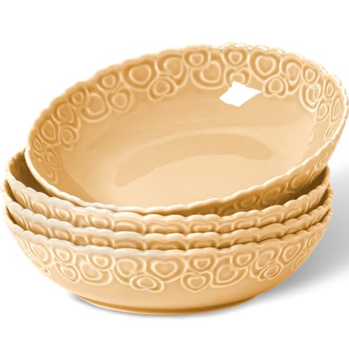 HOMBENE Heartbeat Pasta Bowls Set of 4, 28oz Salad Bowls Soup Bowl for Kitchen, Porcelain Wide and Shallow, Noodle, Soup, Pasta,Dinner, Microwave & Dishwasher Safe (Amber Orange) - color: Amber Orange, size: 28oz