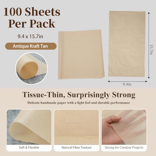 100 Sheets Cicada Wing Rice Paper - Handmade Bamboo Pulp Xuan Paper for Mixed Media, Gelli Printing & Calligraphy - Ultra-Thin, Strong & Translucent Art Paper for Collage, Layering & Journaling - color: Antique Kraft Tan