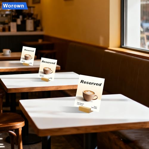 Worown 12 Pcs Mini Wooden Place Card Holders, Small Wooden Table Number Stands, Name, Price Tags Stands for Party Buffet, Wedding, Cafe Bar, Dining Room ( Gold-Includes Adhesive Stickers) - color: Gold