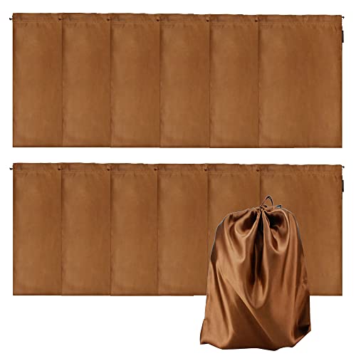 GONGKANGYUAN 12 Pcs Satin Wig Bags with Drawstring Satin Bag for Packaging Hair Extensions Wigs Soft Silk Pouches Hair Tools Storage Bags for Home and Salon (Brown) - color: Brown
