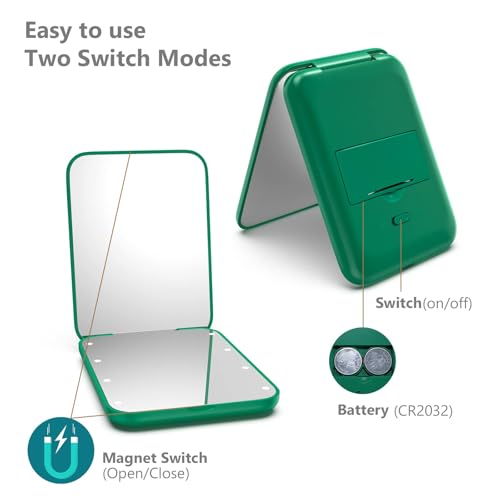 Kintion Pocket Mirror, 1X/3X Magnification LED Compact Mirror (Green) - color: Green