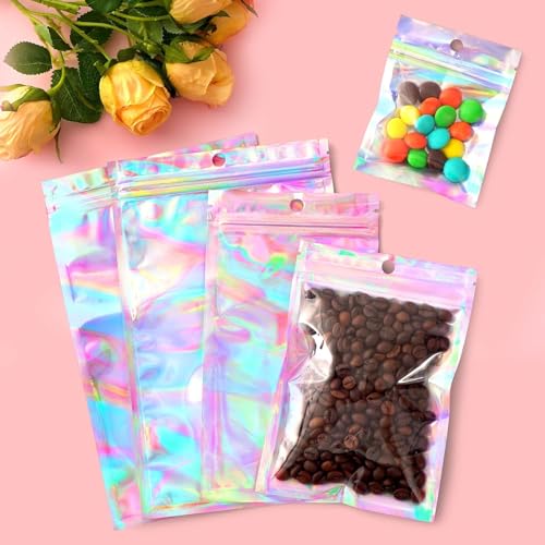 Funfery 100pcs Mylar Holographic Bags-Resealable Zipper&Clear Window - color: Holographic, size: 2.4 x 3.9 Inch