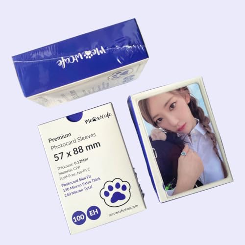 MEOWCAFE Premium CPP Card Sleeves in Box Design, Strong, Thick, High Clarity Kpop Photocard Sleeve, 100 Sleeves (57x88mm (120 Micron)) - size: 57x88mm (120 Micron)