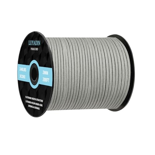 Paracord 240lb - Diameter 2mm Micro Utility Cord -3 Strand Parachute Spool Cord - 100ft 200ft,Paracord for Camping,Hiking,Fishing,Outdoor and DIY - color: Gray, size: 200 ft