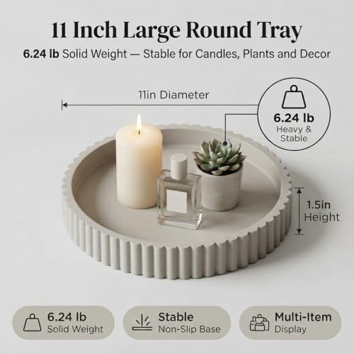 Round Solid Concrete Tray, Fluted Centerpiece for Coffee Table Decor 11" - color: Grey Color