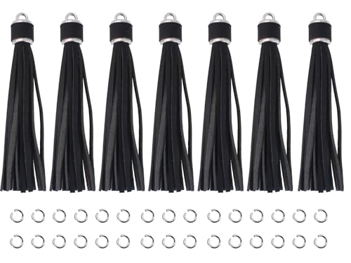 4.3'' Black Leather Tassels 12Pcs with Silver Caps - color: Black