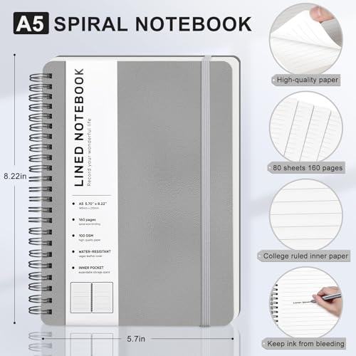 Lined Spiral Notebook for Women, A5 College Ruled Leather Spiral Journals - color: Light Gray, size: A5