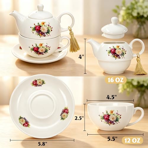 Tea for One with Tassel, 16 OZ Ceramic Teapot Set, Floral Tea Pot with Cup and Saucer, Single Serving Tea Set for Women, Mother's Day, Thanksgiving, Valentine's Day, Wedding, Home Decor