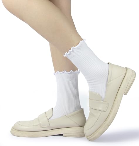 BomKinta Ruffle Socks Women Turn-Cuff Frilly Sock Cotton Crew Socks - color: 3 White 3 Black